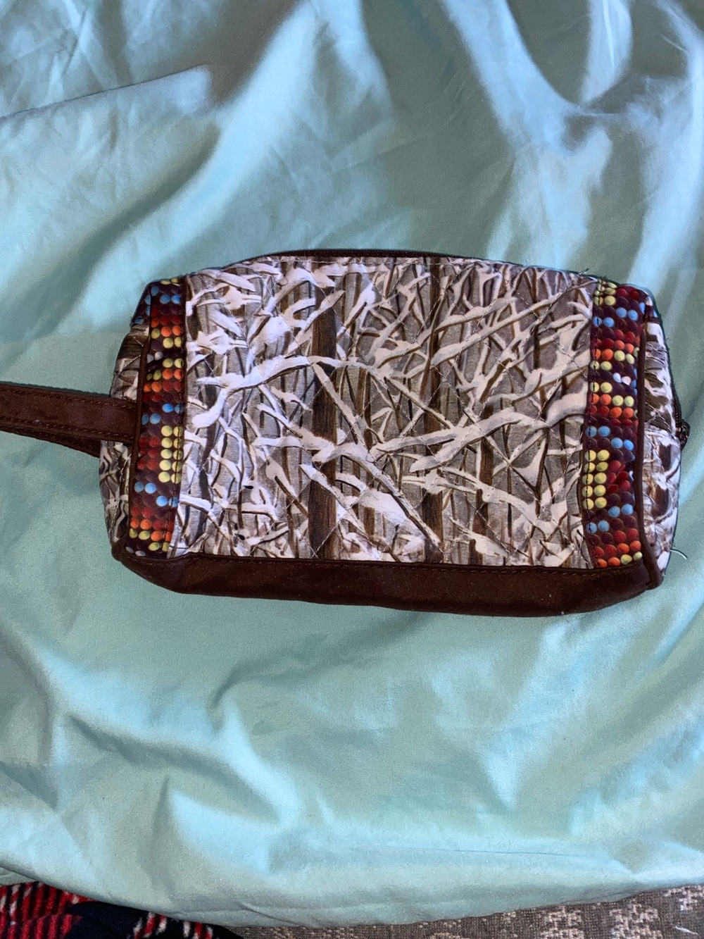 Brown Patterned Wristlet Cosmetic Bag with Colorful Bead Trim